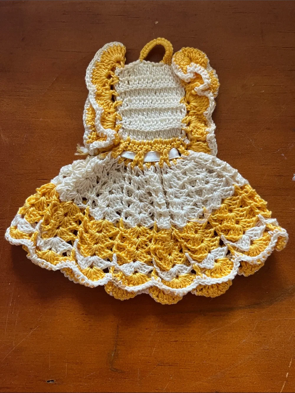 Vintage Handmade Yellow Gold & White Crochet Doll Dress & Romper Potholders